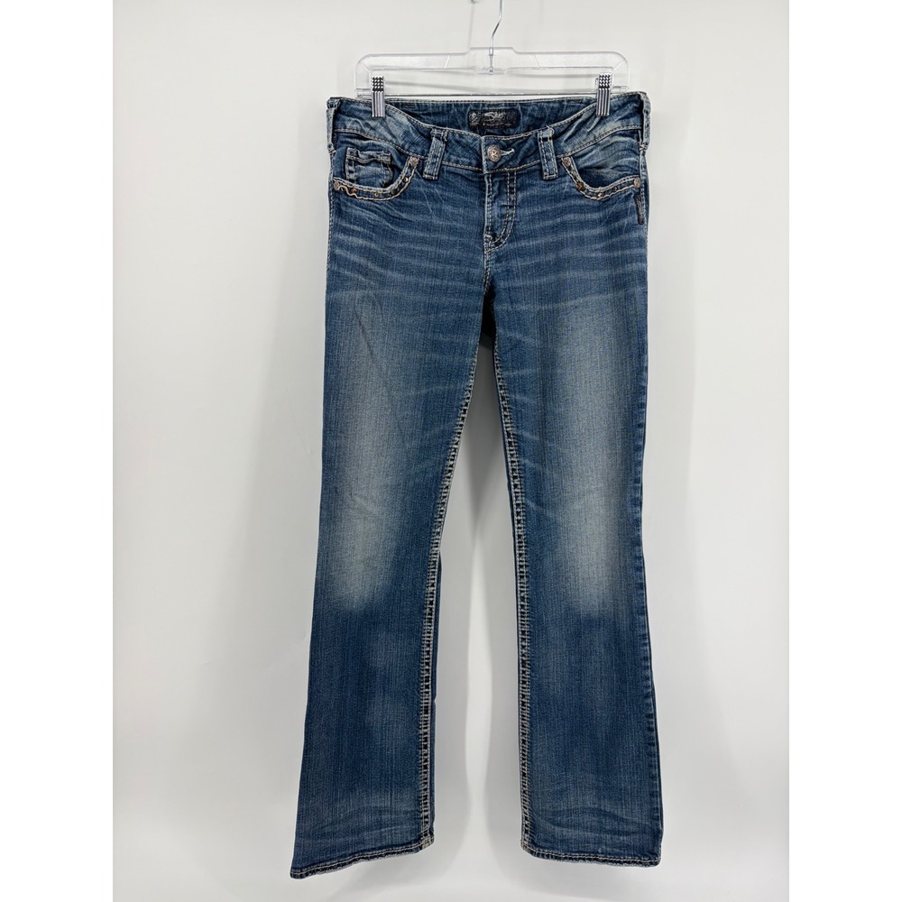 Silver Jeans Womens 31 Blue Slim Bootcut Suki Mid Rise Embellished Denim